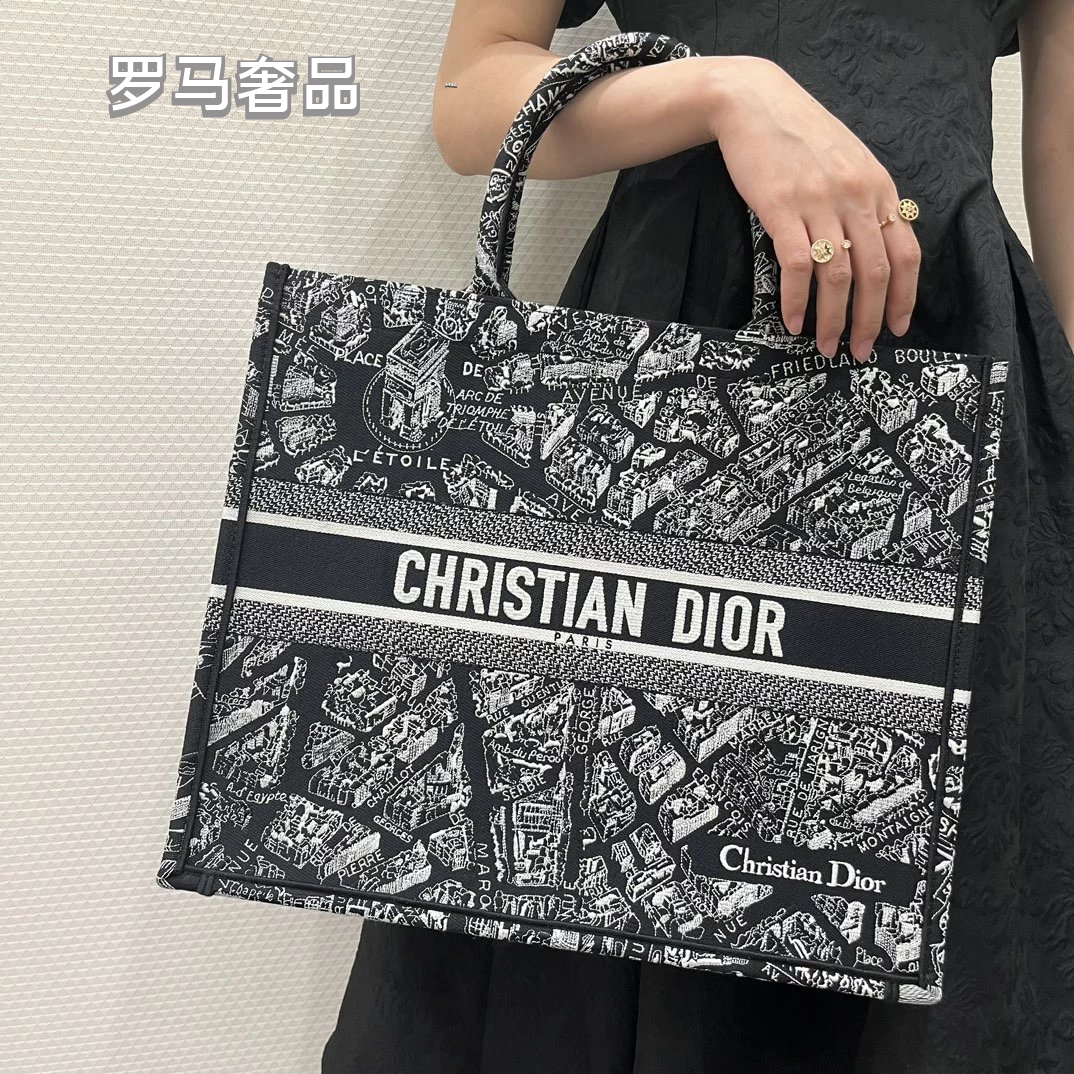 Dior Black and White Paris Street Map Embroidered Canvas Tote Bag
