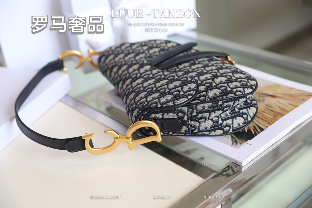 Dior Vintage Navy Monogram Canvas Saddle Shoulder Bag for Women