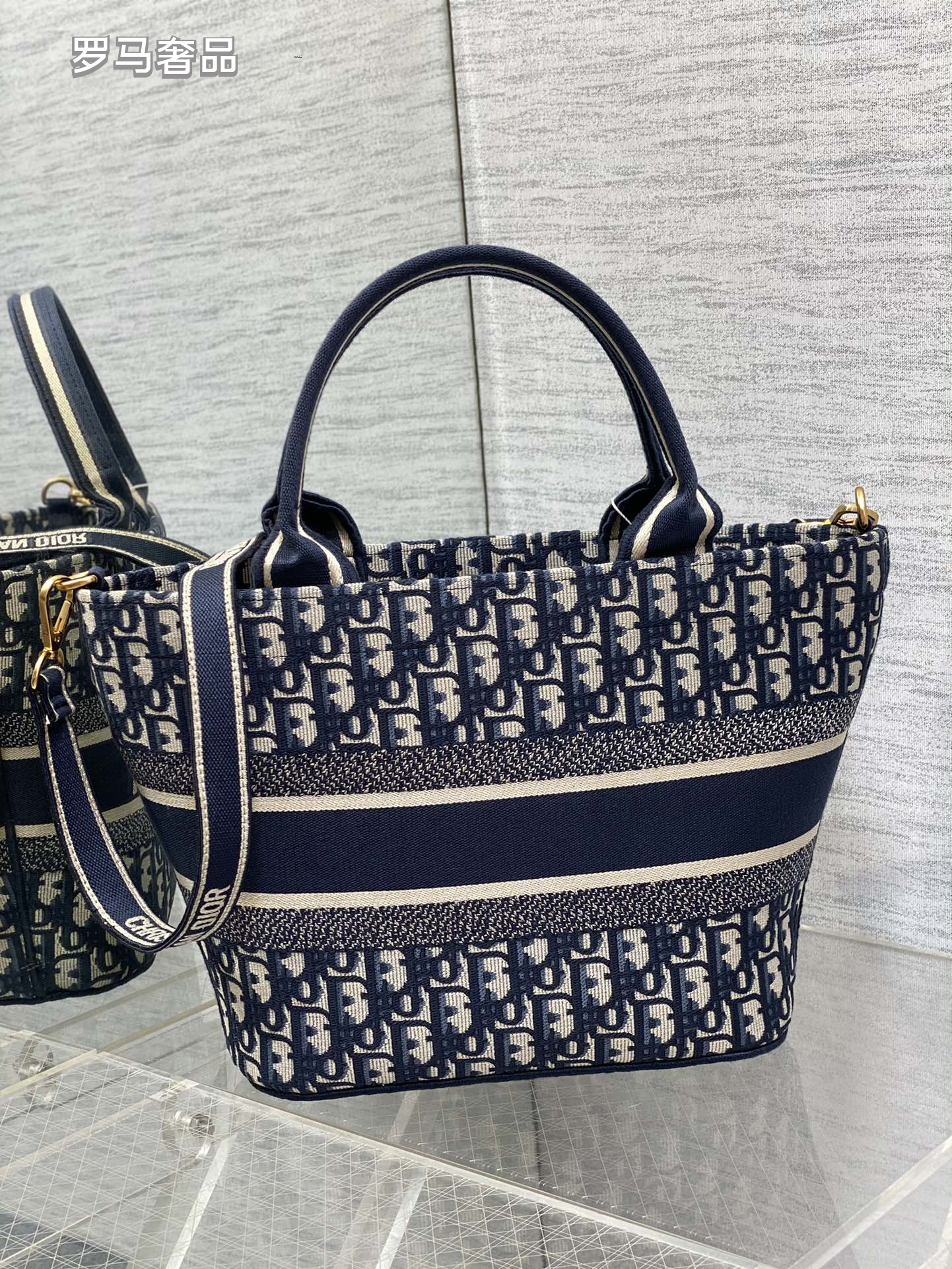 Dior Blue Monogram Canvas Tote Bag with Double Handles and Strap