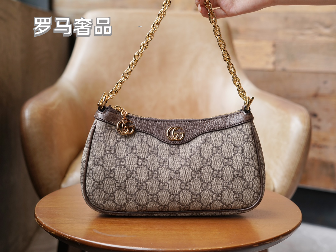 Gucci Vintage Monogram Canvas Shoulder Bag with Gold Chain and Webbing Strap