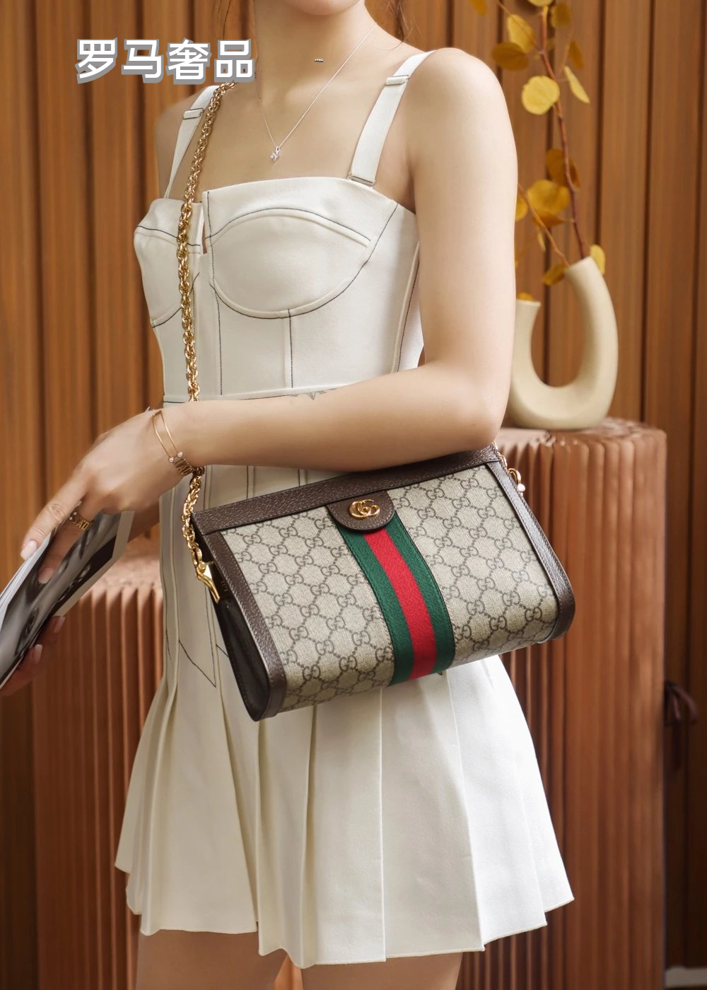 Gucci Classic Monogram Canvas Shoulder Bag with Web Stripe and Chain