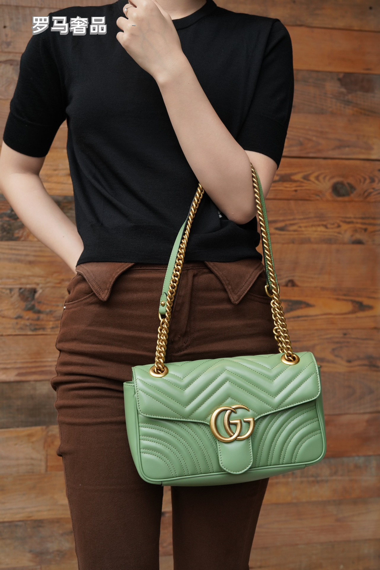 Gucci Sage Green Quilted Chevron Leather Shoulder Bag with Gold Chain