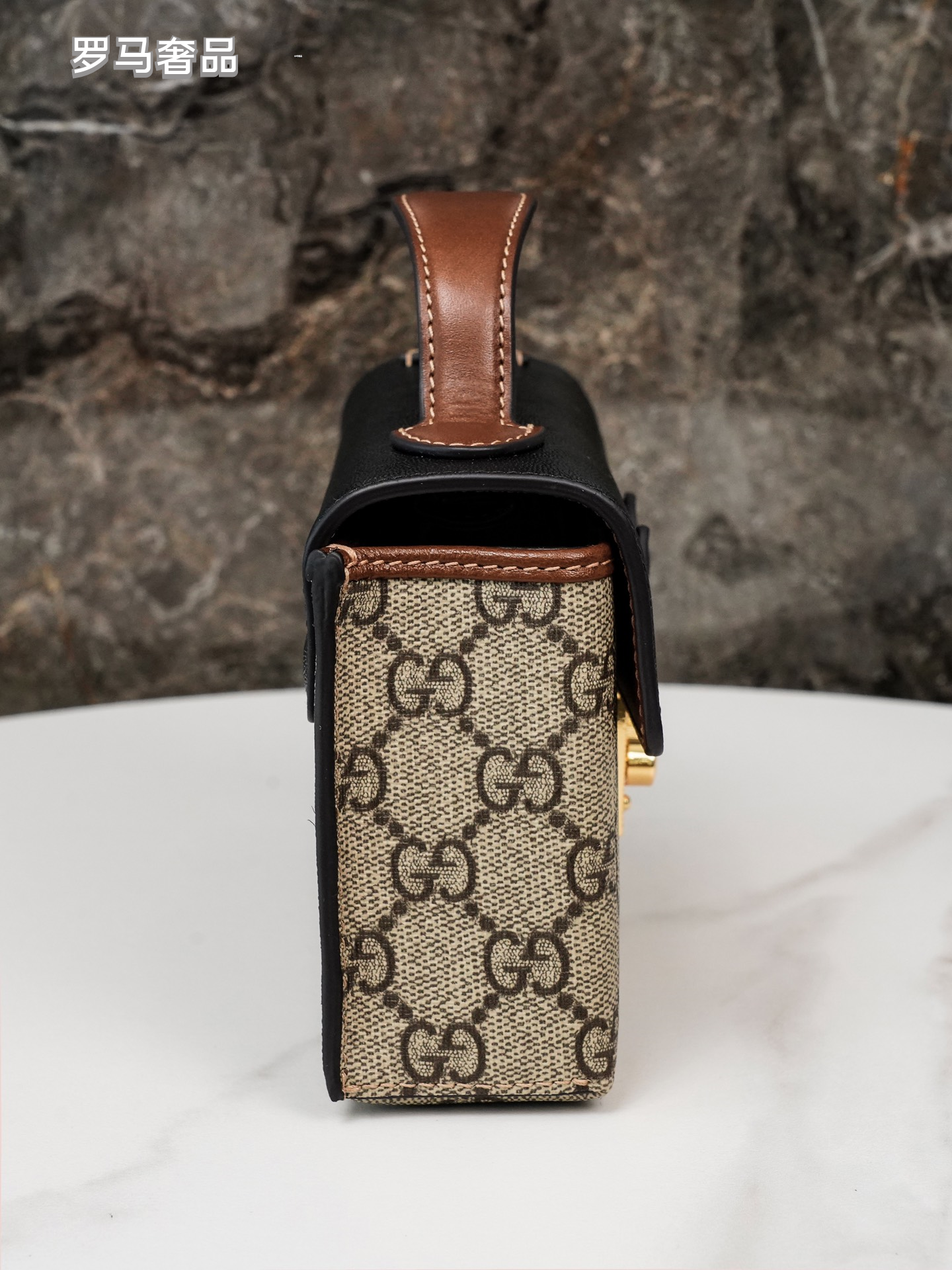 Gucci Vintage Monogram Canvas Top Handle Bag with Leather Flap and Padlock