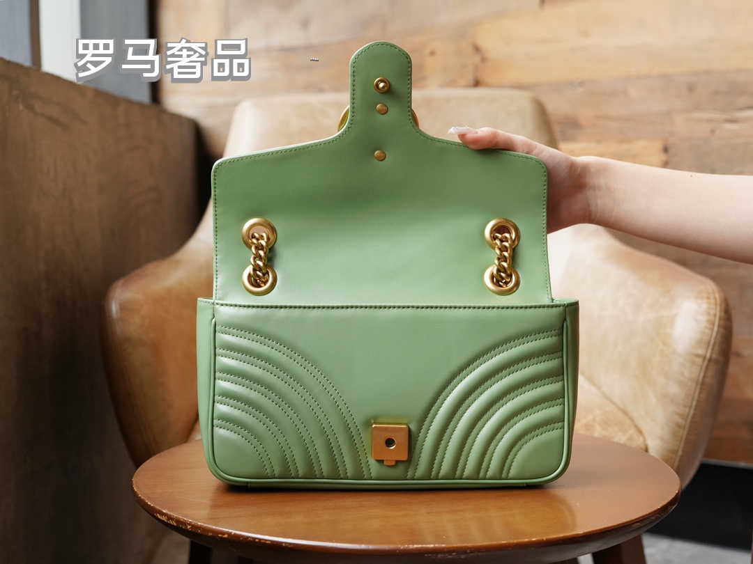 Gucci Sage Green Quilted Chevron Leather Shoulder Bag with Gold Chain