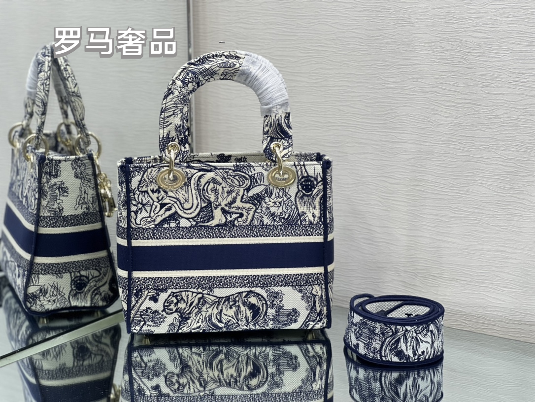 Dior Elegant Grey Floral Embroidered Canvas Top Handle Bag