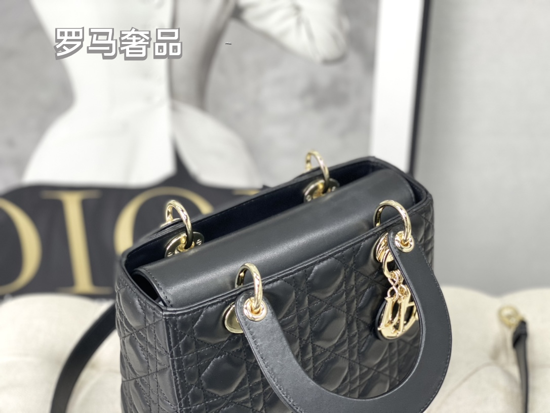 Dior Classic Black Quilted Leather Handbag with Top Handle and Gold Charms
