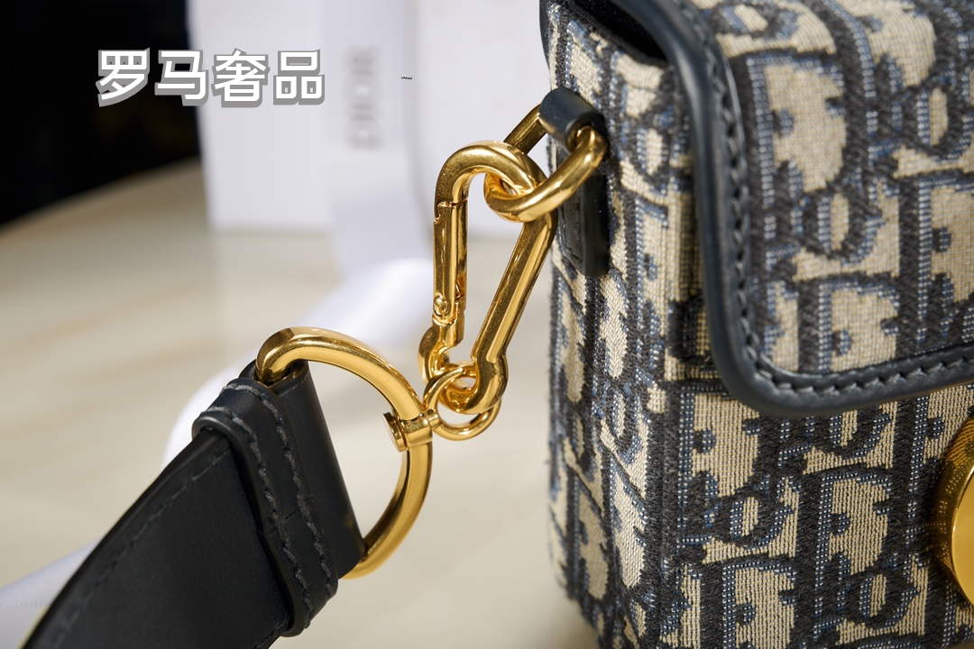 Dior Retro Monogram Flap Shoulder Bag with Gold Metal Clasp and Wide Strap