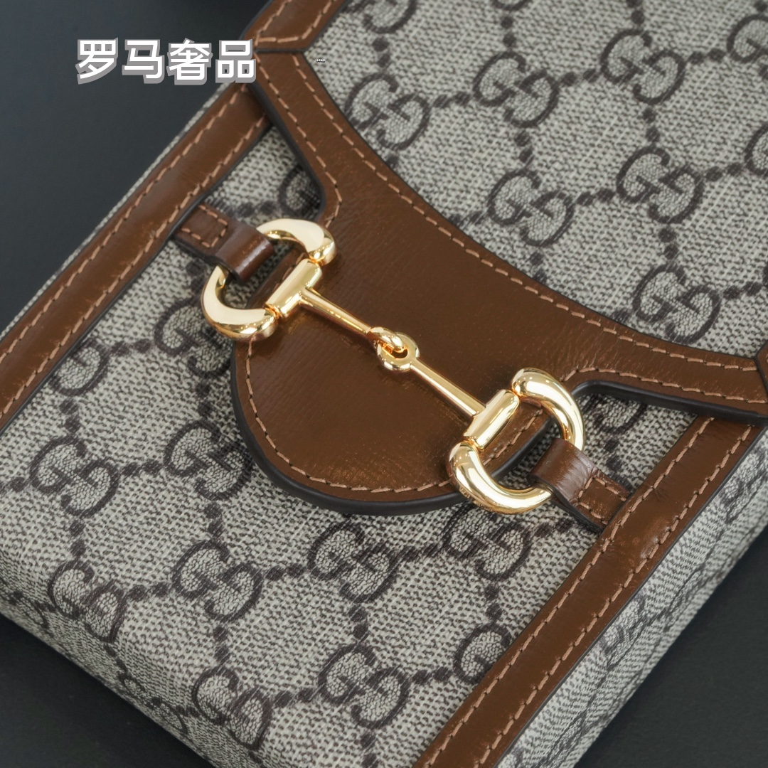 Gucci Vintage Monogram Canvas Mini Crossbody Phone Bag with Gold Horsebit