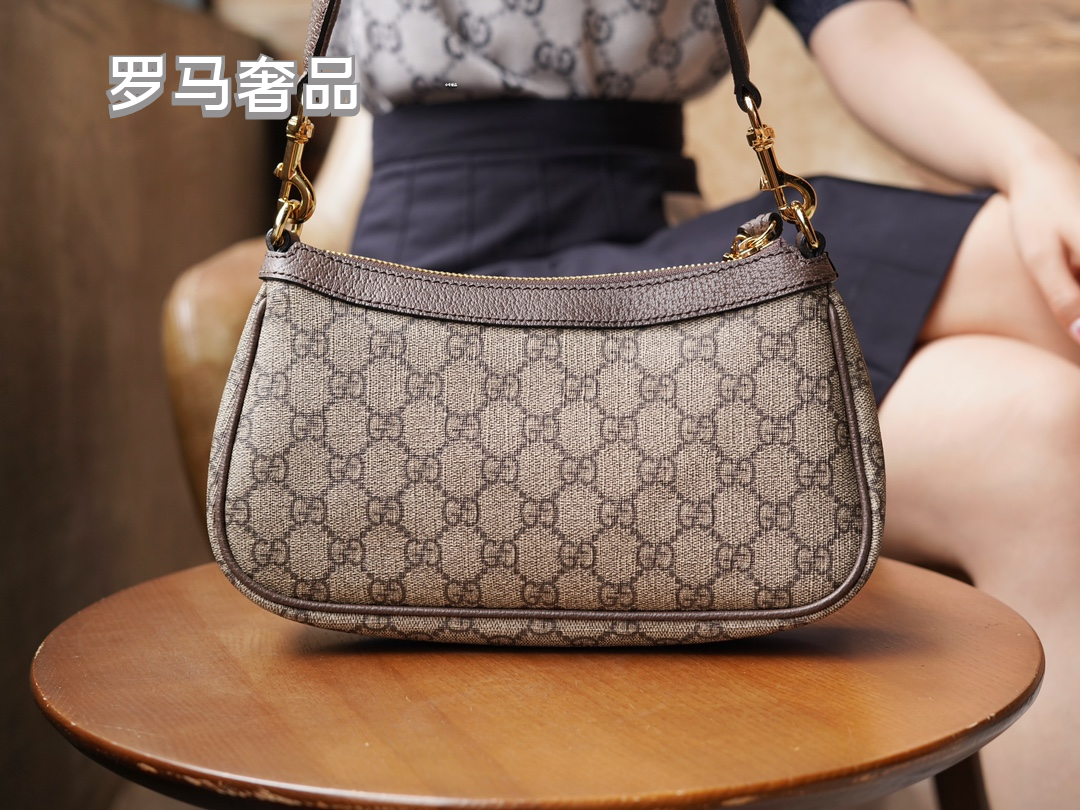 Gucci Classic Monogram Canvas Shoulder Bag with Web Strap and Strawberry Charm