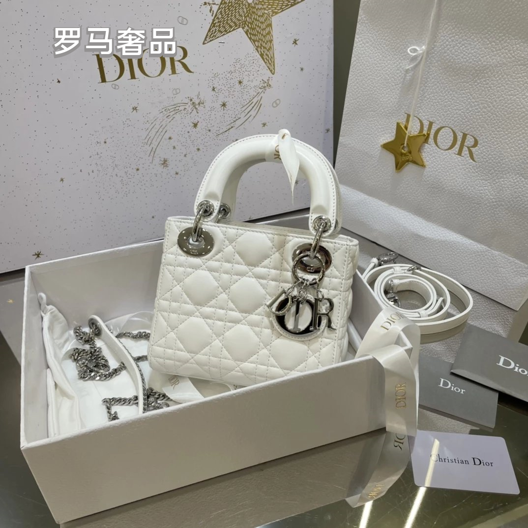 Dior Classic White Quilted Leather Mini Top Handle Bag with Silver Hardware