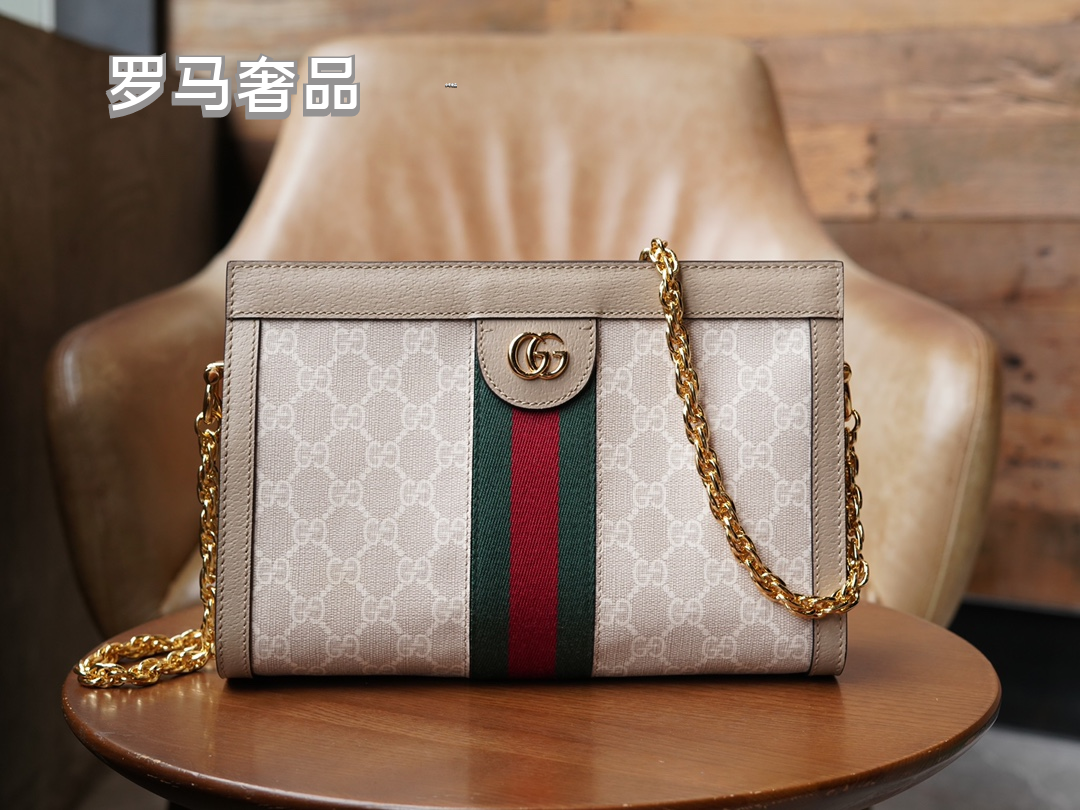 Gucci Classic Monogram Canvas Shoulder Bag with Stripe and Gold Chain