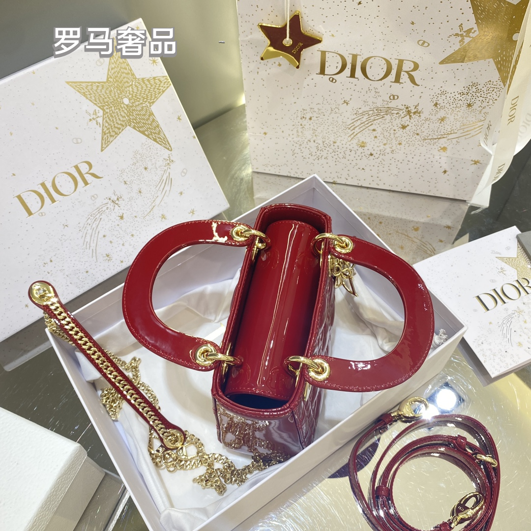 Dior Elegant Red Quilted Patent Leather Mini Top Handle Handbag