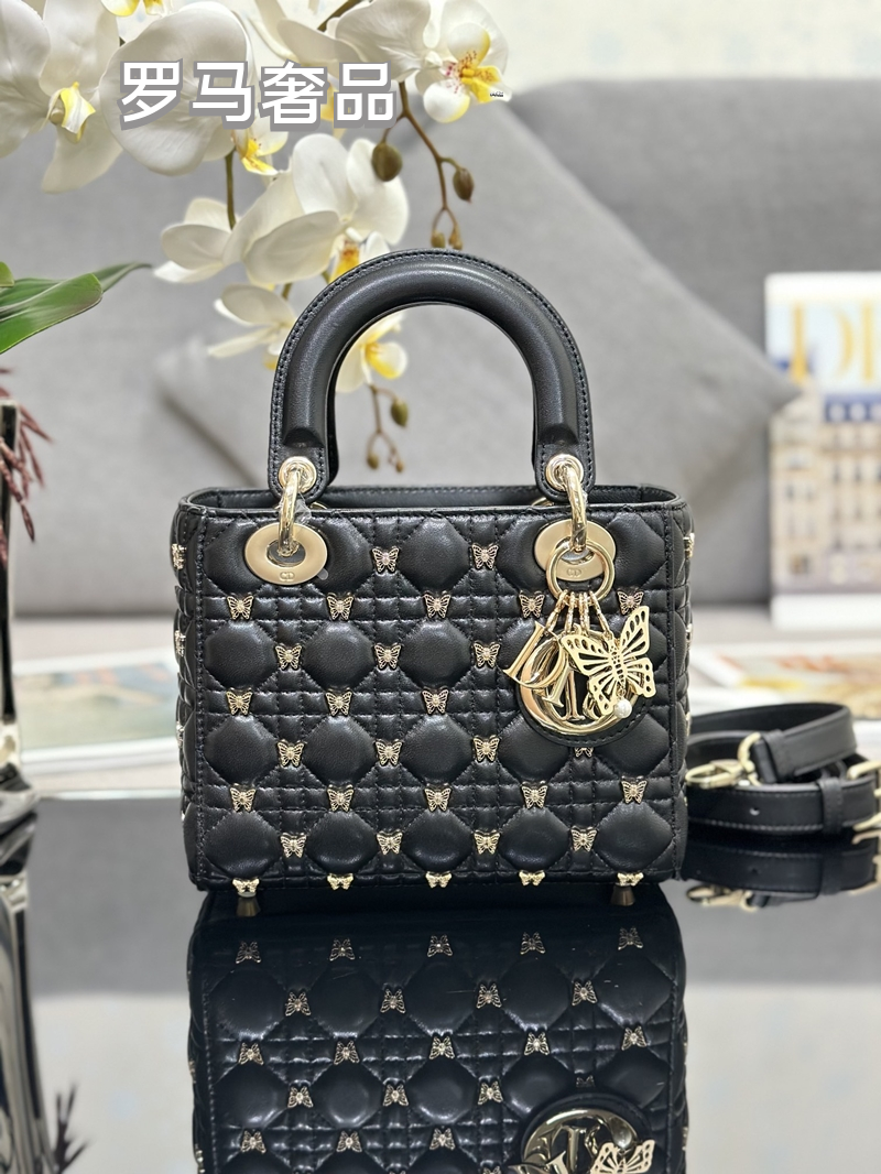 Dior Luxury Black Quilted Leather Handbag with Gold Butterfly Charm