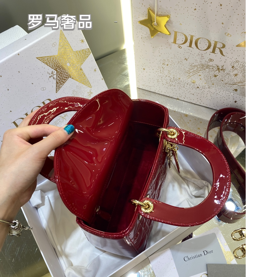 Dior Elegant Red Quilted Patent Leather Mini Top Handle Handbag