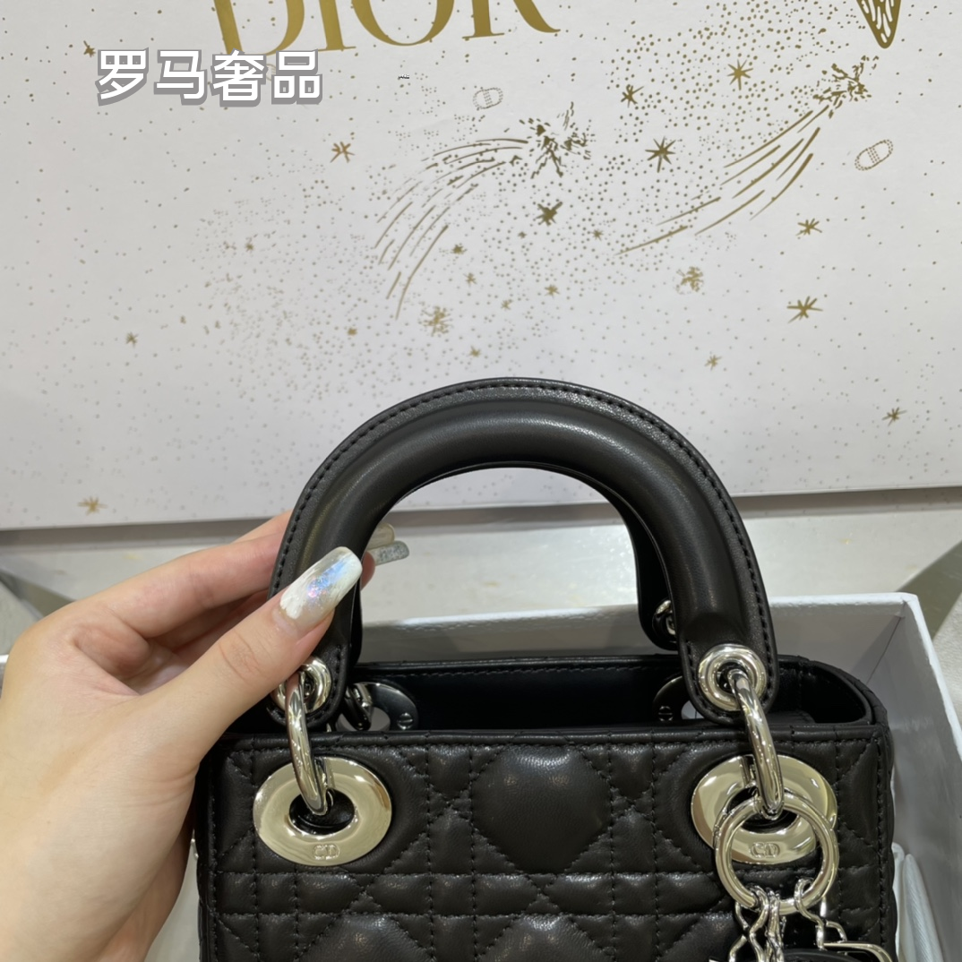 Dior Mini Black Quilted Leather Handbag with Gold Hardware and Charms
