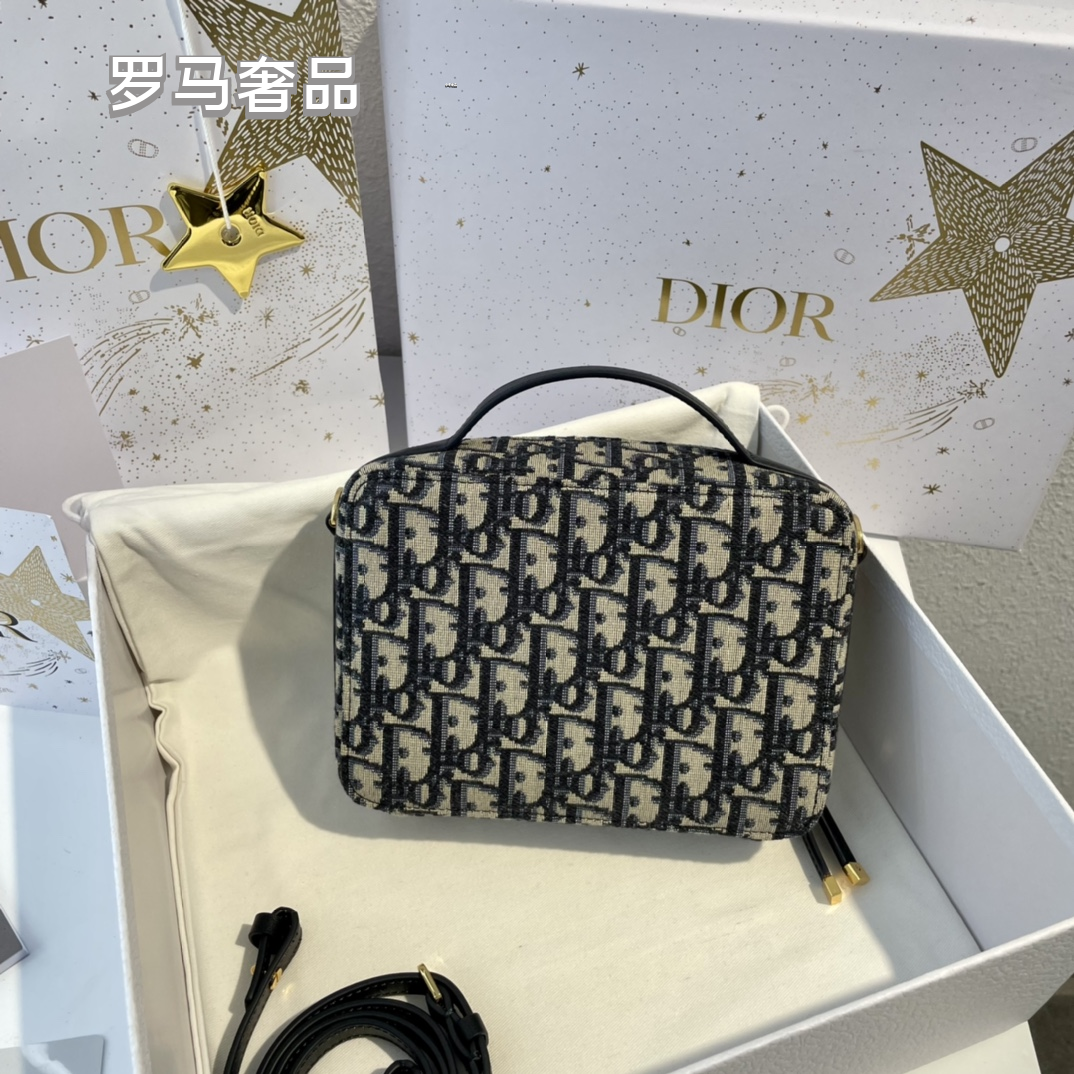 Dior Luxury Monogram Canvas Vanity Case Handbag with Gold Hardware