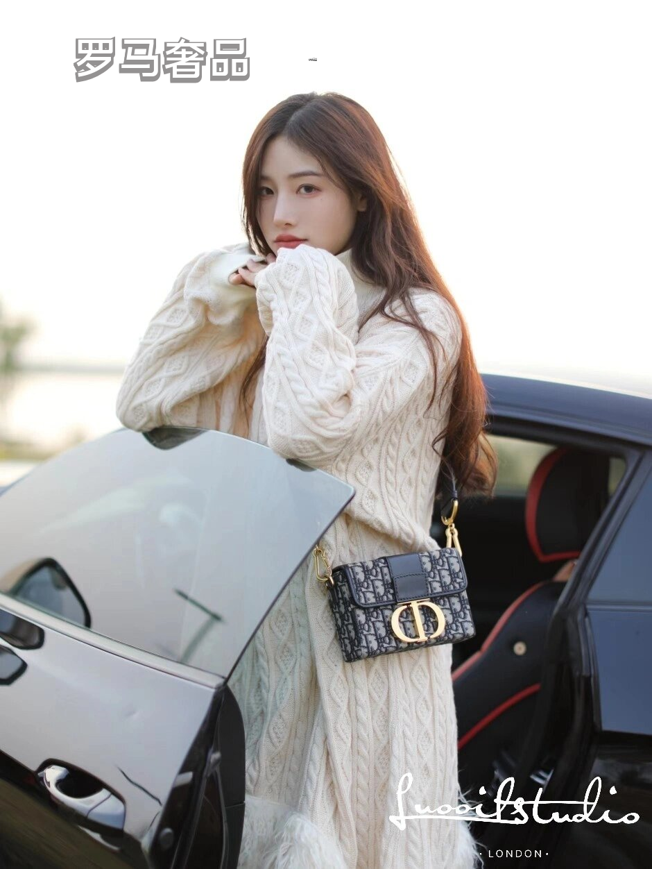 Dior Retro Monogram Flap Shoulder Bag with Gold Metal Clasp and Wide Strap