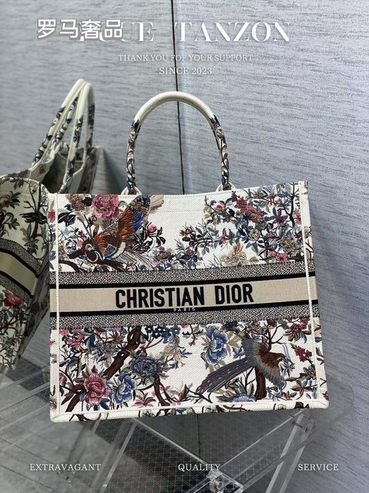 Dior Vintage Floral Bird Print Canvas Tote Bag Large Top Handle Shopper