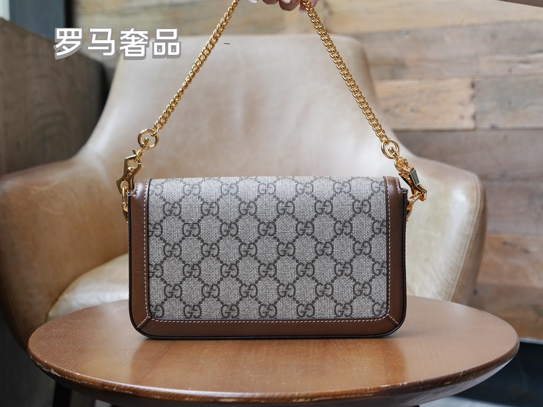 Gucci Vintage Monogram Shoulder Bag with Horsebit Detail and Chain Strap