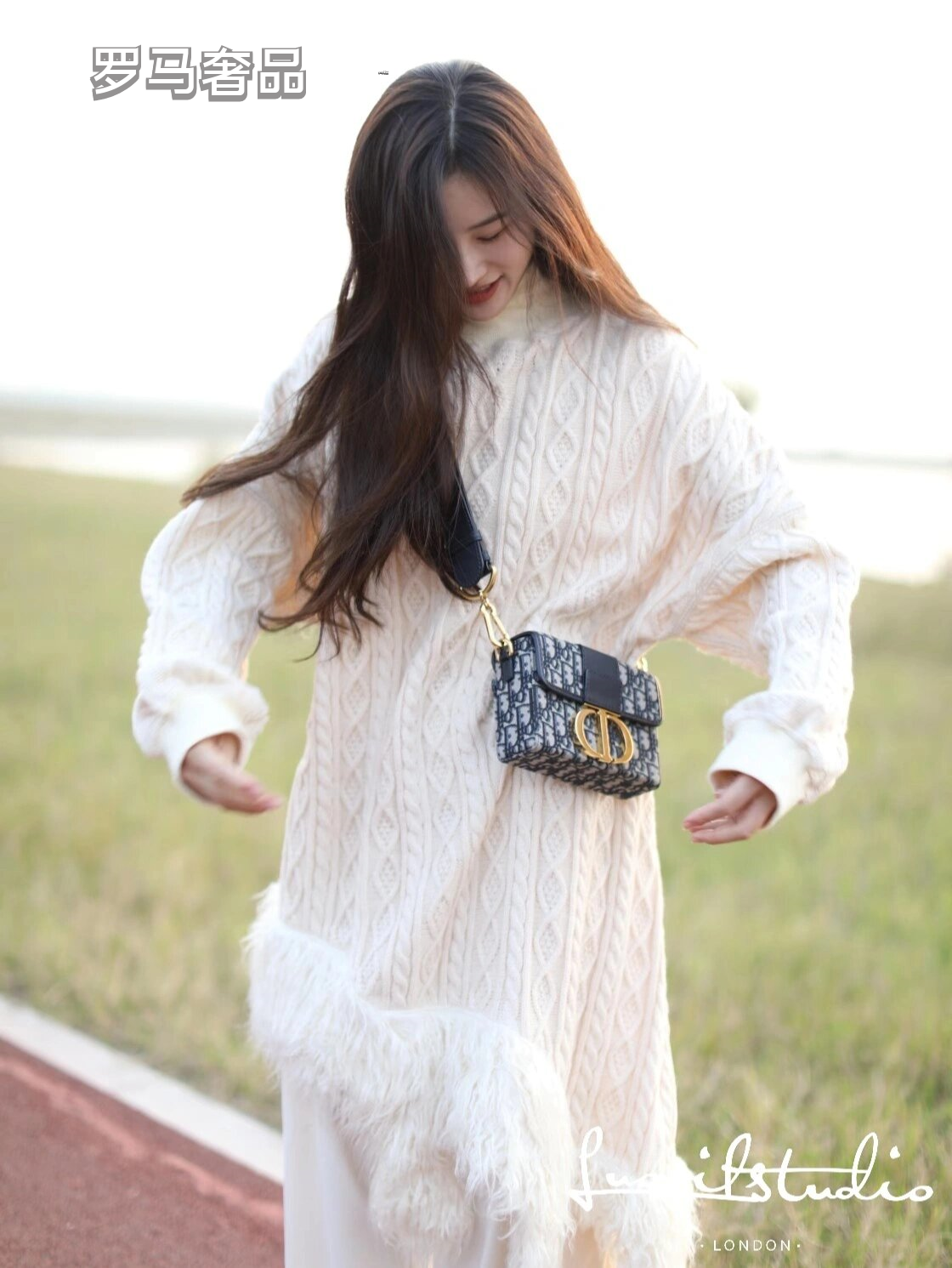 Dior Retro Monogram Flap Shoulder Bag with Gold Metal Clasp and Wide Strap