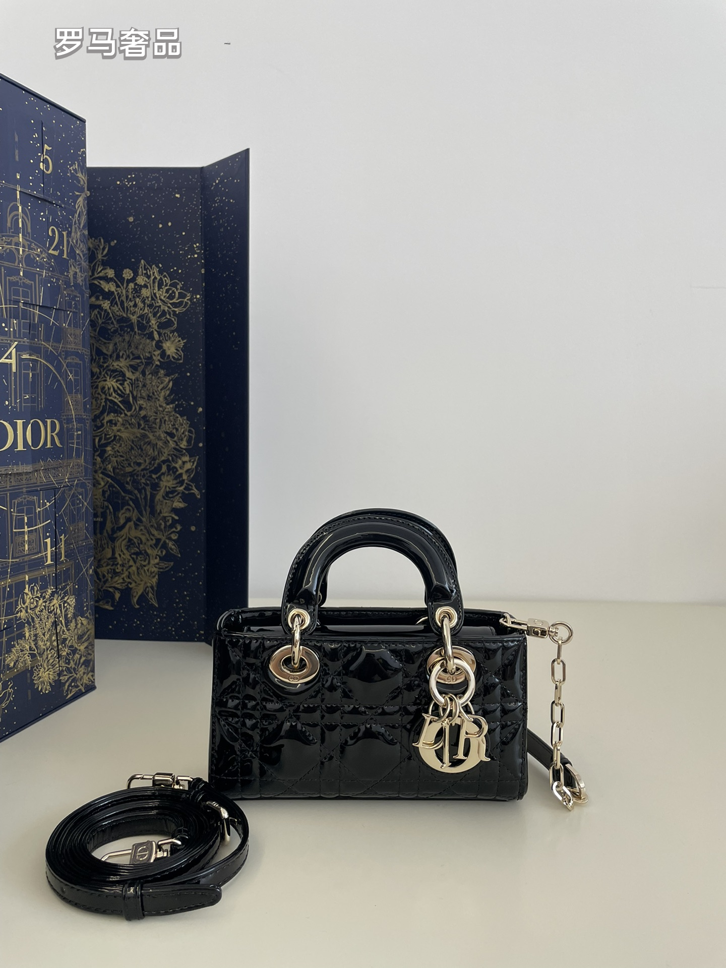 Dior Mini Quilted Patent Leather Top Handle Handbag with Charms