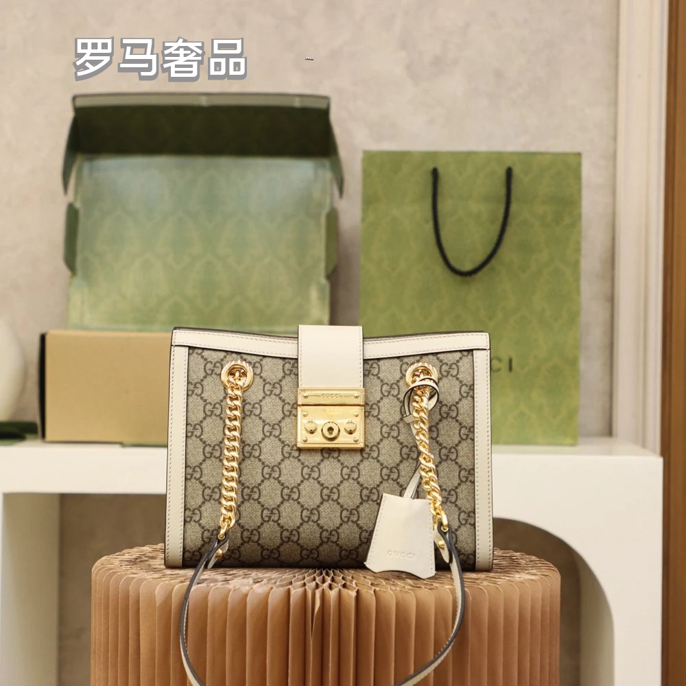 Gucci Vintage Monogram Canvas Shoulder Bag with Gold Chain and Padlock
