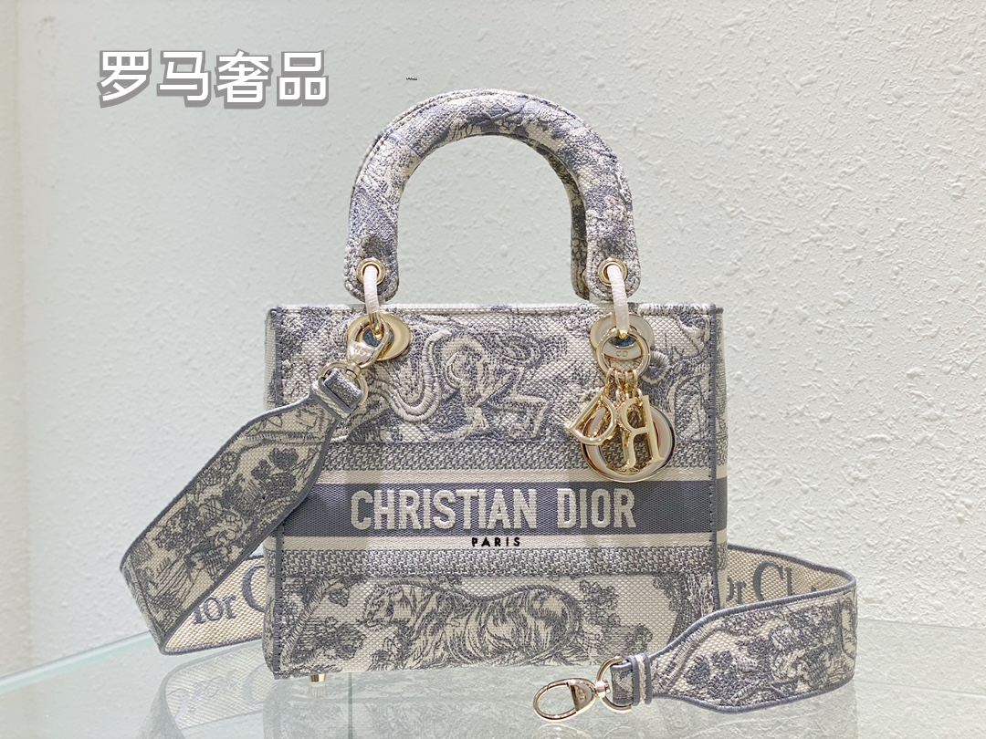 Dior Elegant Grey Floral Embroidered Canvas Top Handle Bag