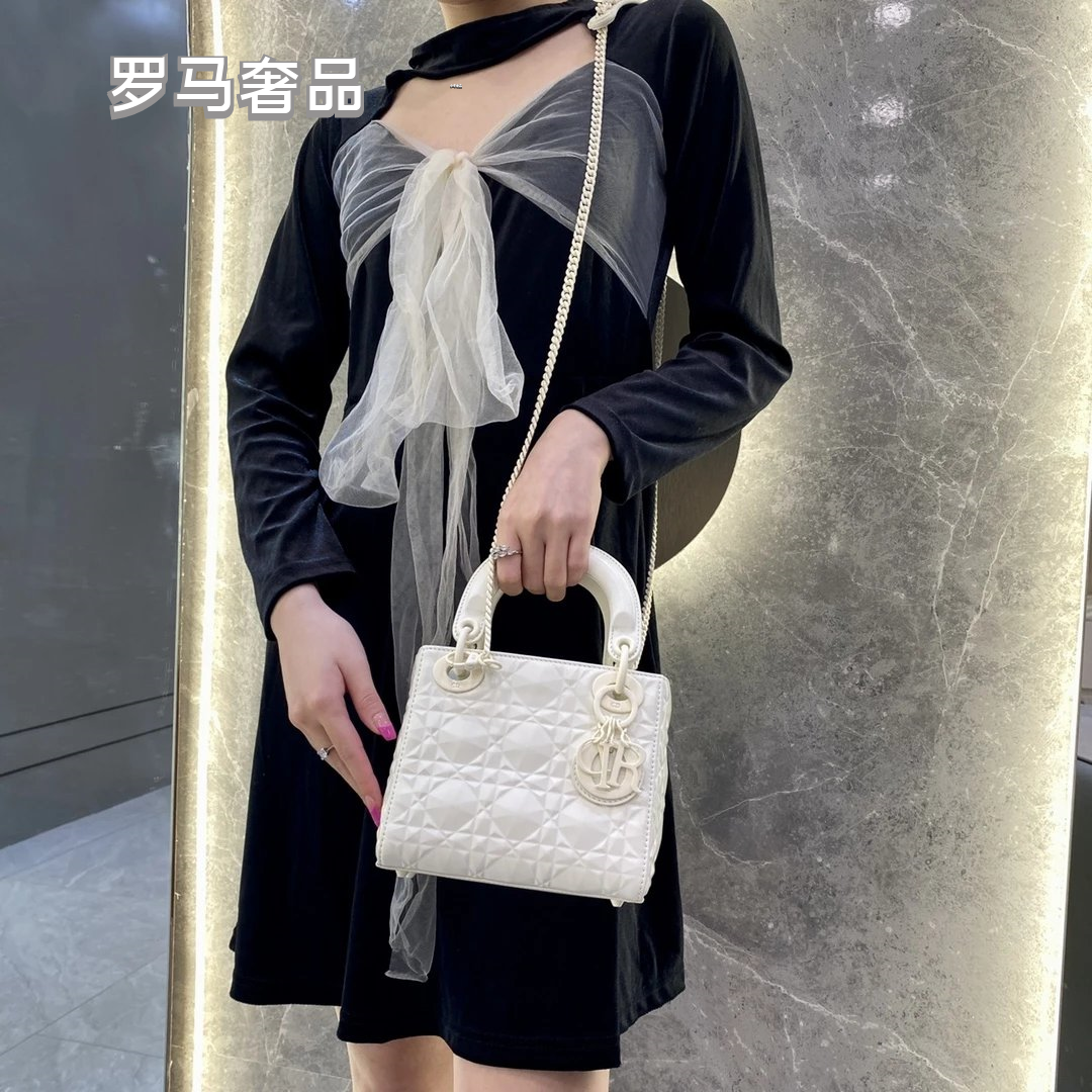 Dior Matte Beige Quilted Leather Mini Handbag with Top Handle and Chain