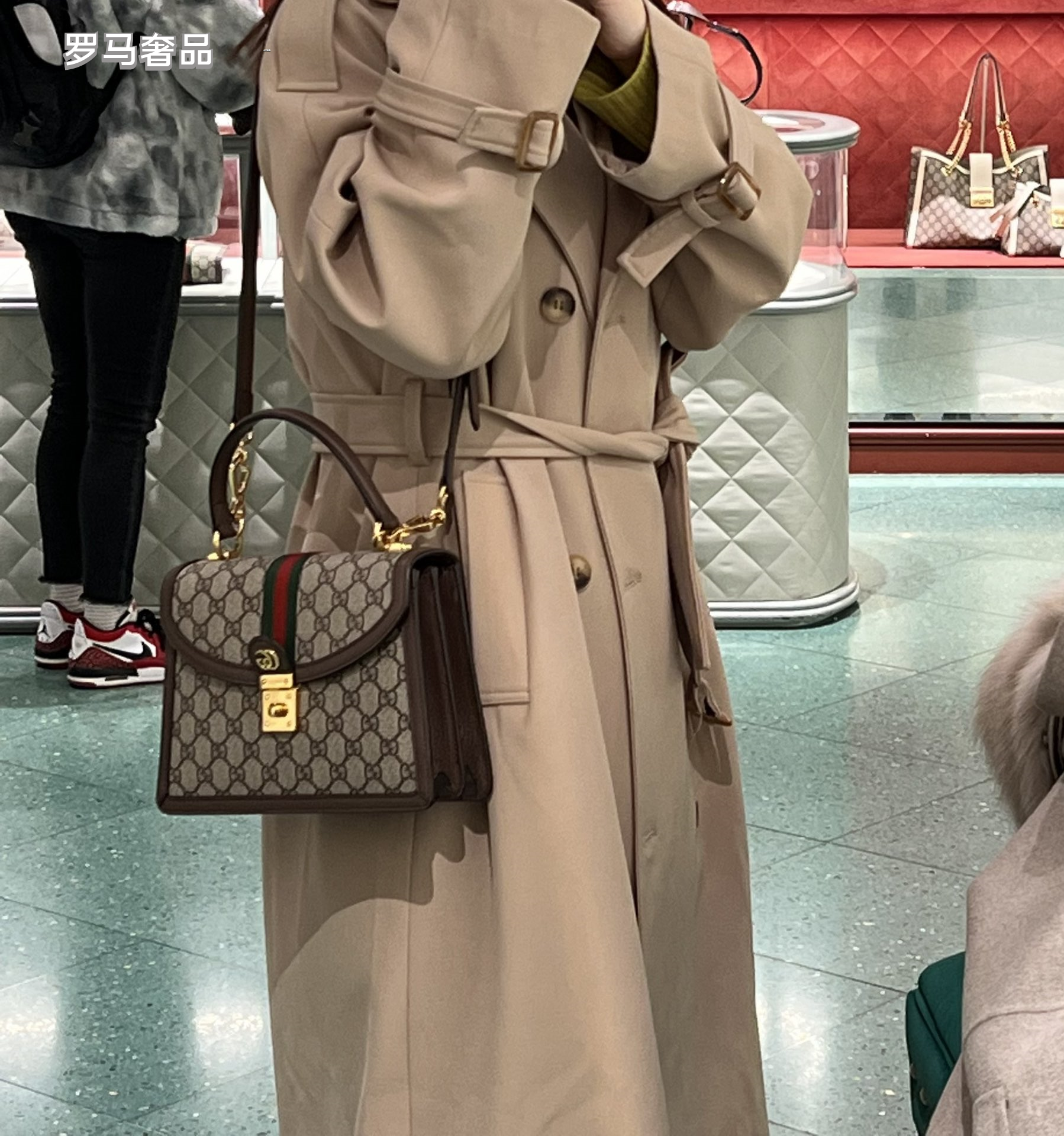 Gucci Classic Monogram Canvas Satchel Bag with Red Green Web Stripe