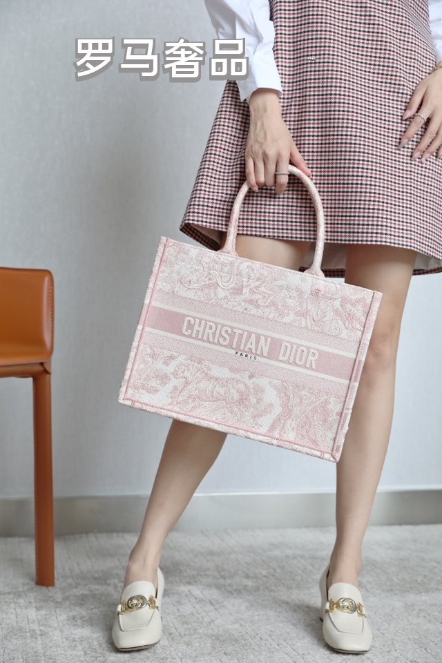 Dior Pink Floral Toile Embroidered Canvas Tote Bag with Top Handles