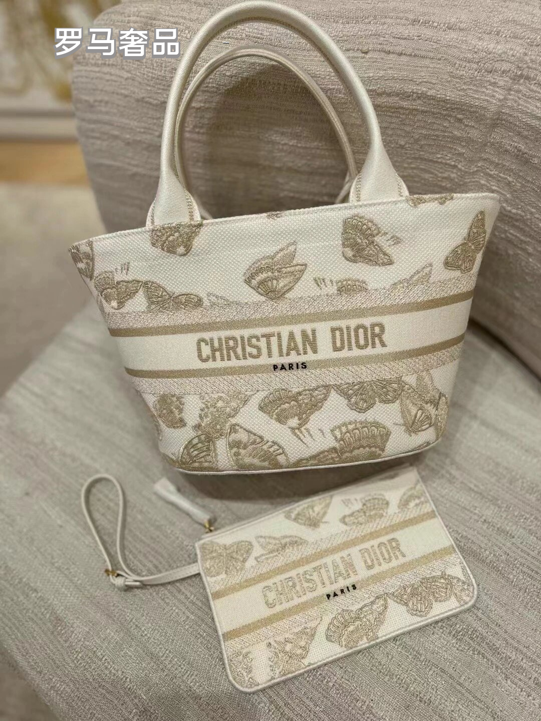 Dior Elegant Butterfly Embroidered Canvas Tote Handbag with Strap