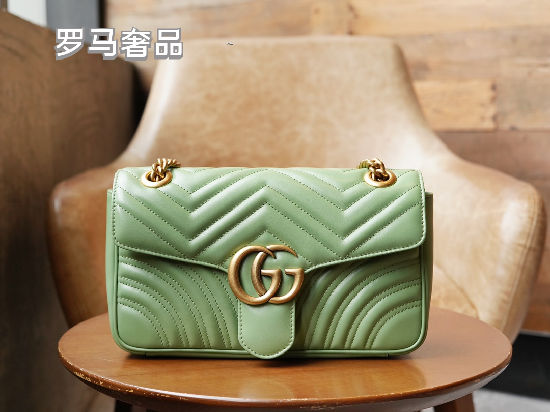 Gucci Sage Green Quilted Chevron Leather Shoulder Bag with Gold Chain