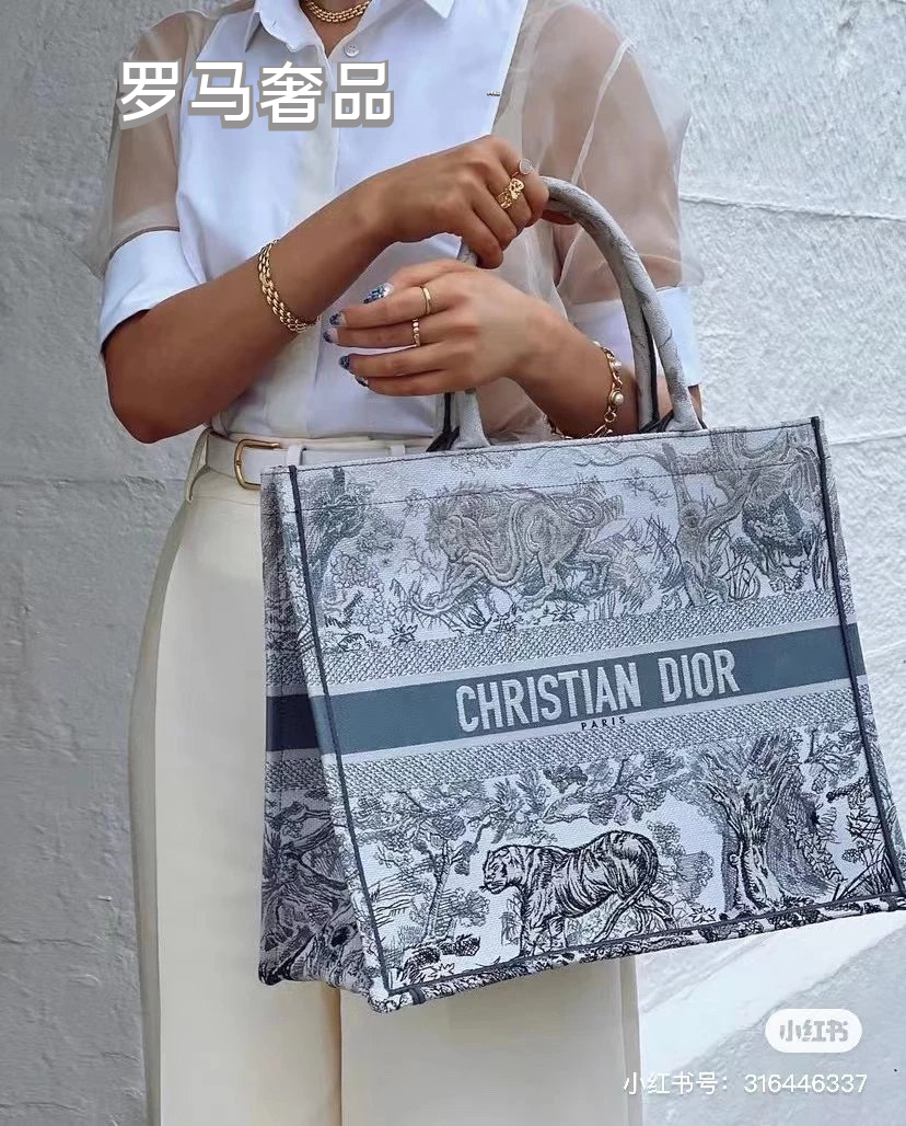 Dior Vintage Grey Toile de Jouy Canvas Tote Bag with Top Handles