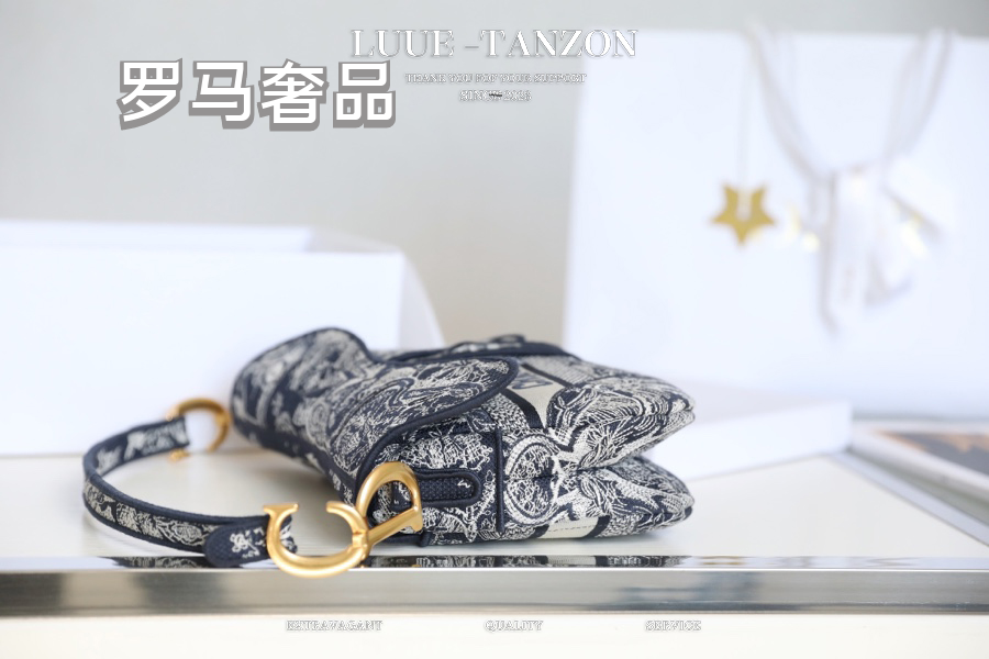Dior Vintage Floral Toile Embroidered Saddle Bag with Gold Hardware