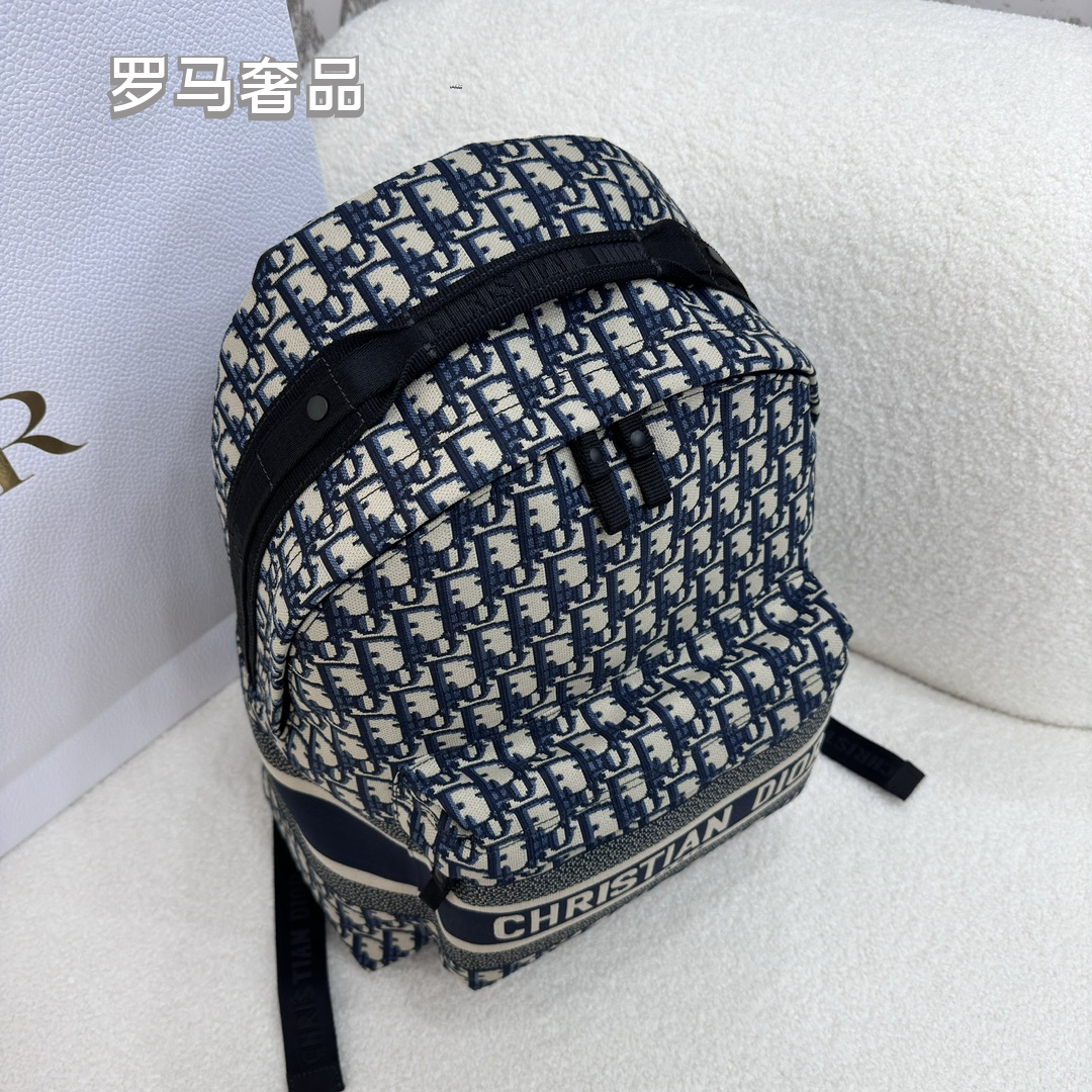 Dior Luxury Monogram Jacquard Canvas Backpack with Front Pocket Stripe