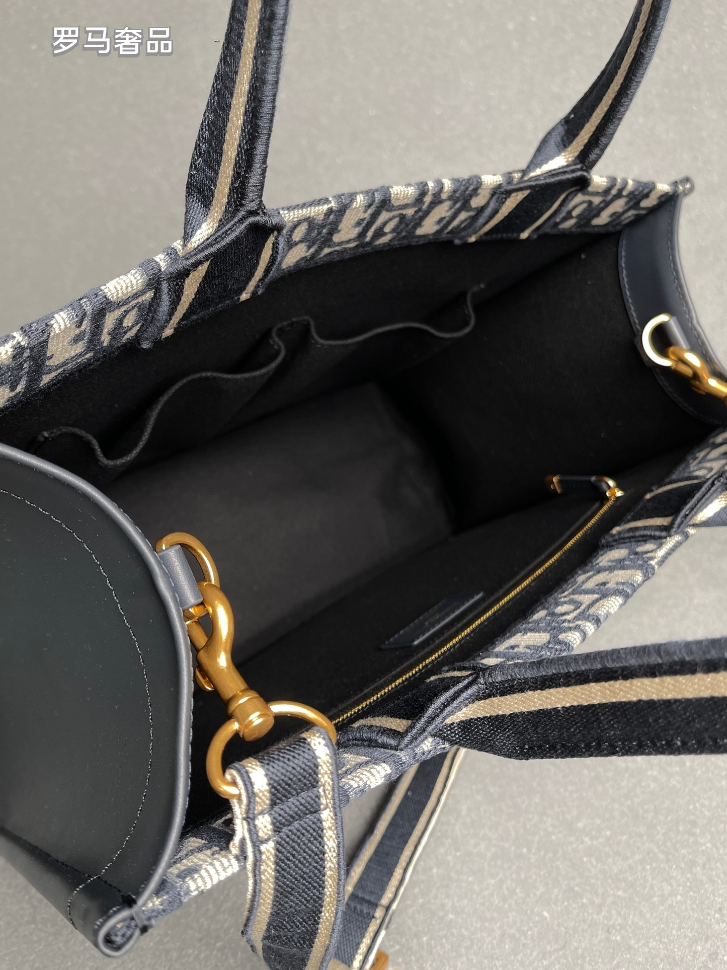 Dior Navy Blue Monogram Canvas Tote Bag with Top Handles